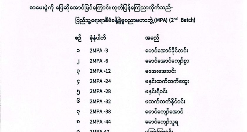 MPA ရေးဖြေစာမေးပွဲဖြေဆိုအောင်မြင်သူများစာရင်း ကြေညာချက်